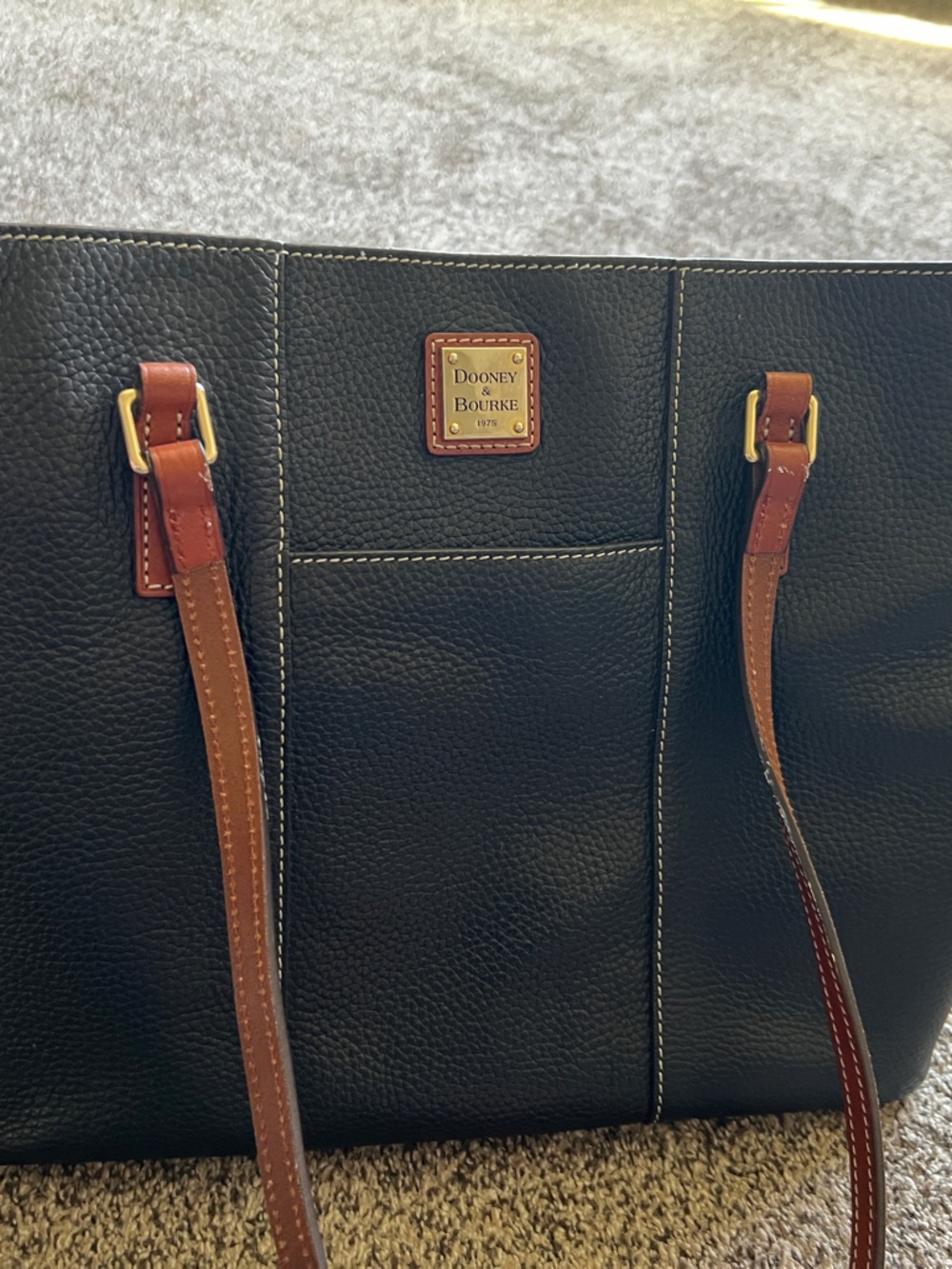 Dooney & Bourke Black Pebbled Leather Messenger with Brown Straps